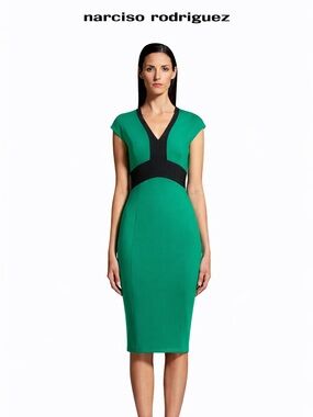 Narciso Rodriguez Green and Black Sheath Dress with Dolman Cap‎ Sleeves